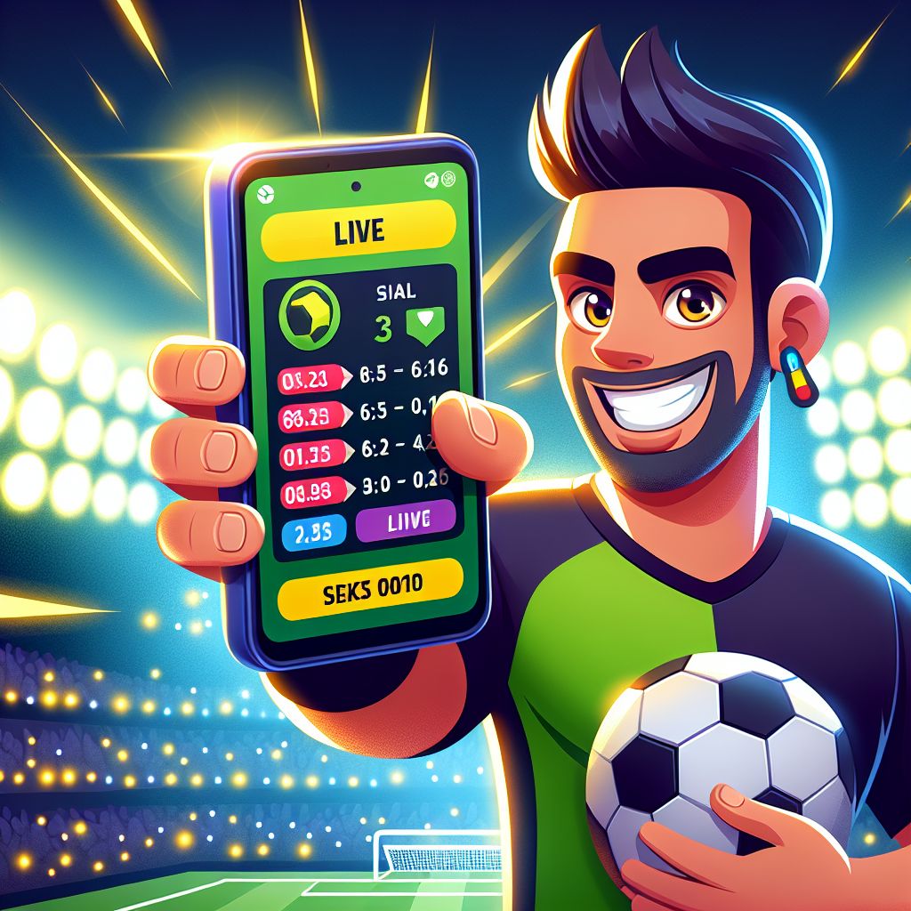 spl97 Bet cartoon sports fan holding a phone with live odds and a stadium background