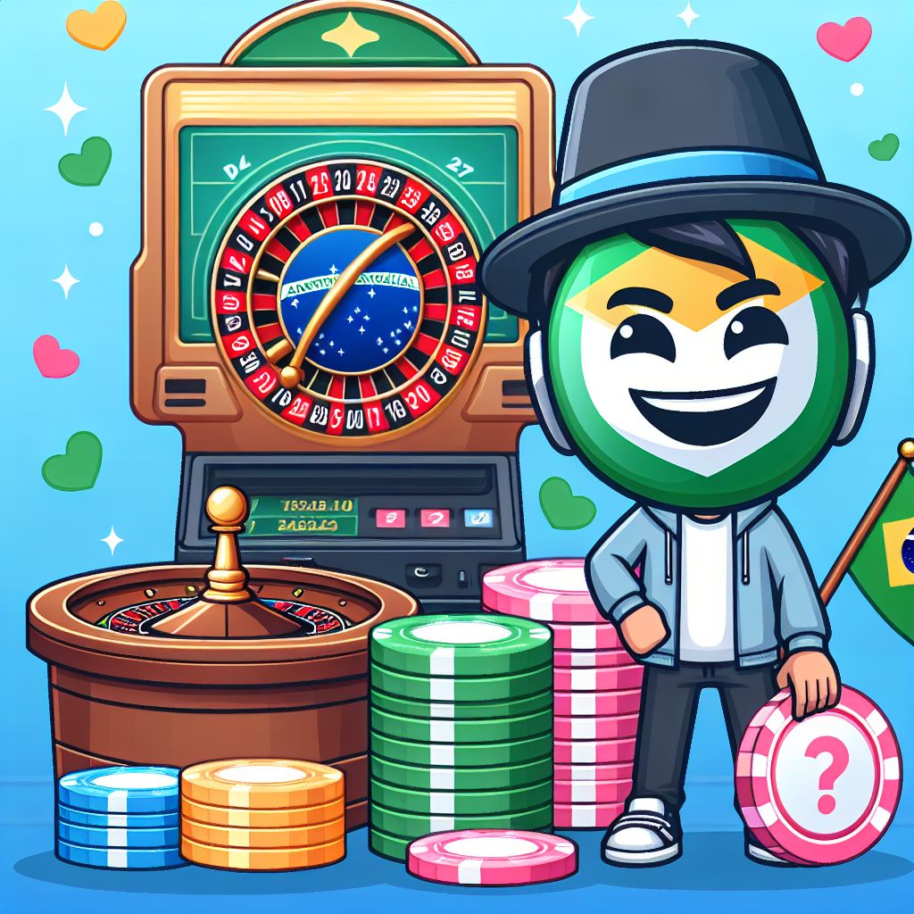 spl97 themed cartoon character with casino chips and a roulette wheel in a Brazilian-inspired setting