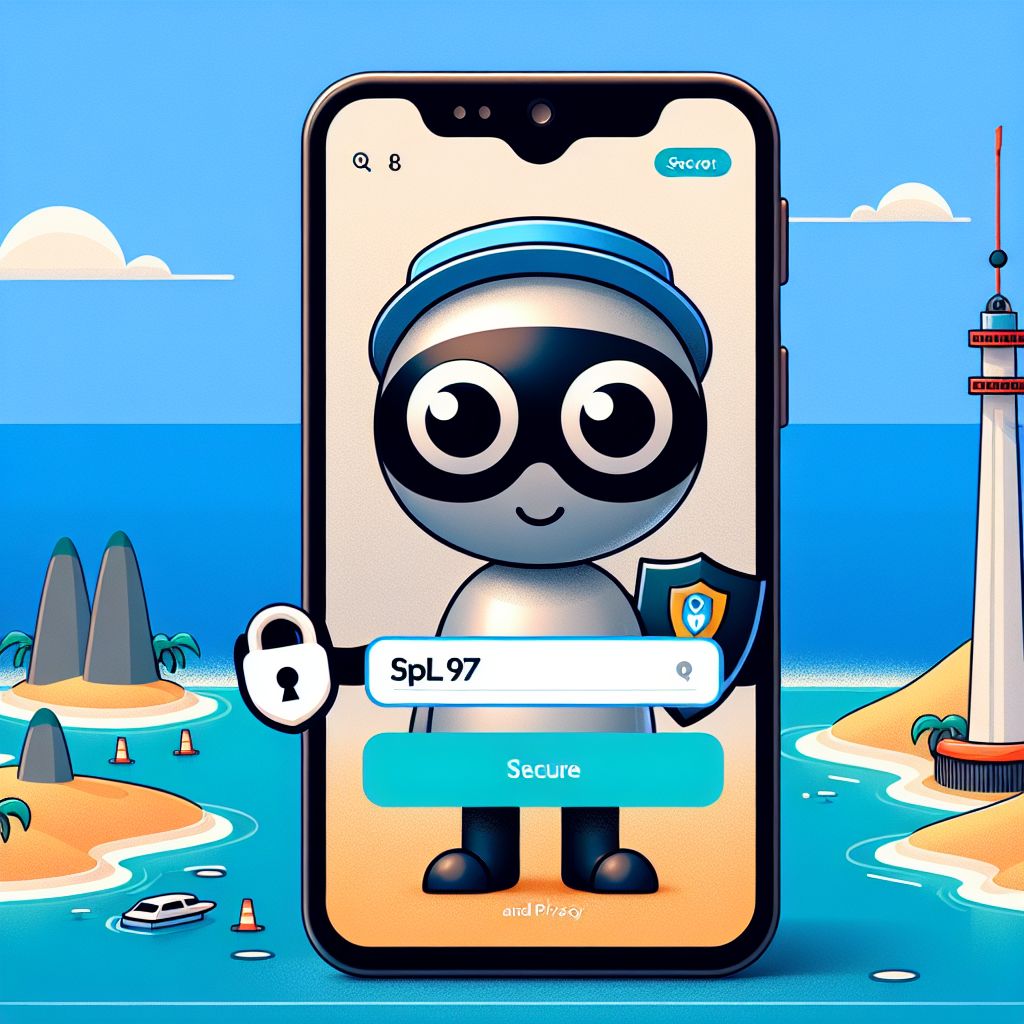 Cartoon character holding a phone with a secure spl97 login screen and a shield icon