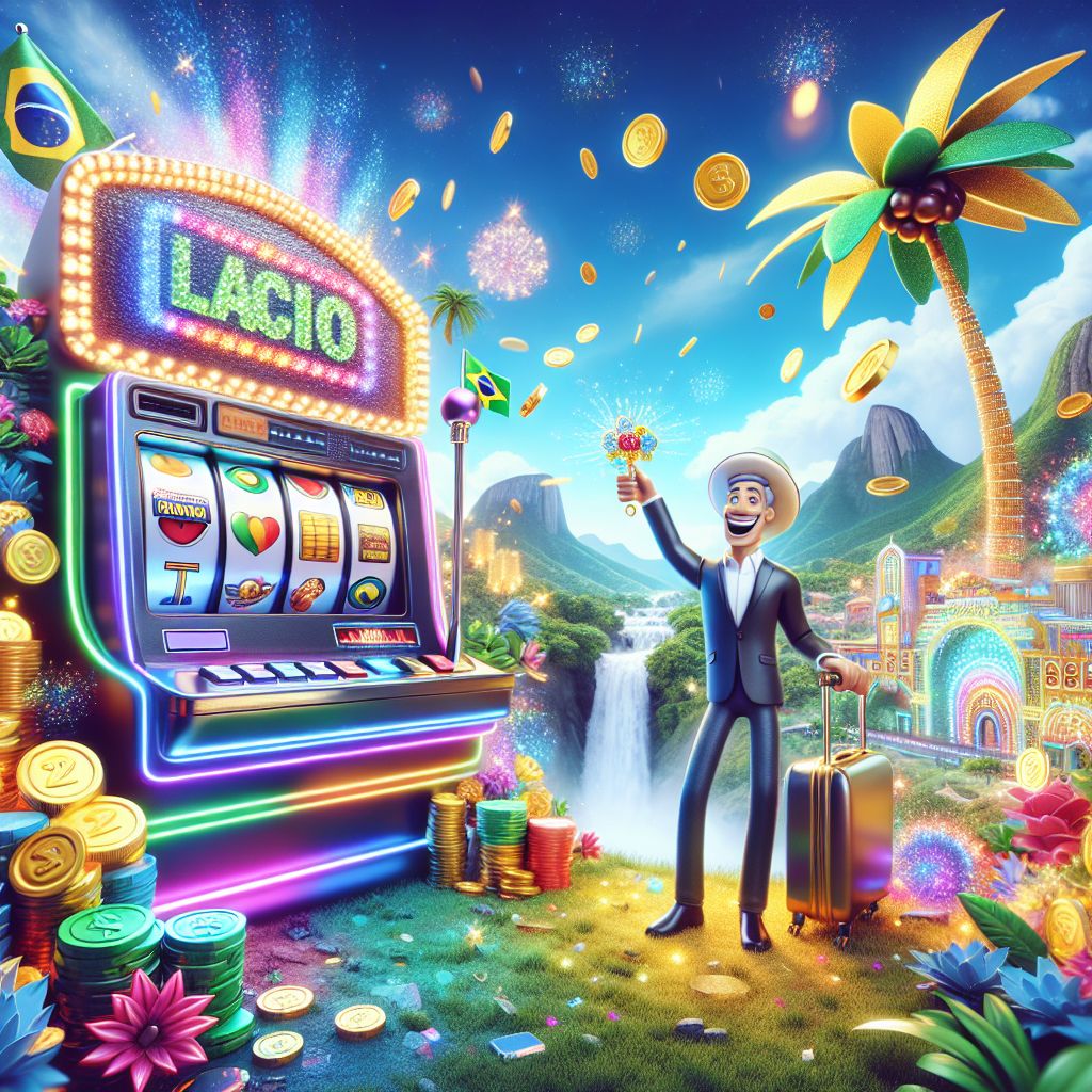 Cartoon character holding a lucky charm beside colorful slot reels and coins