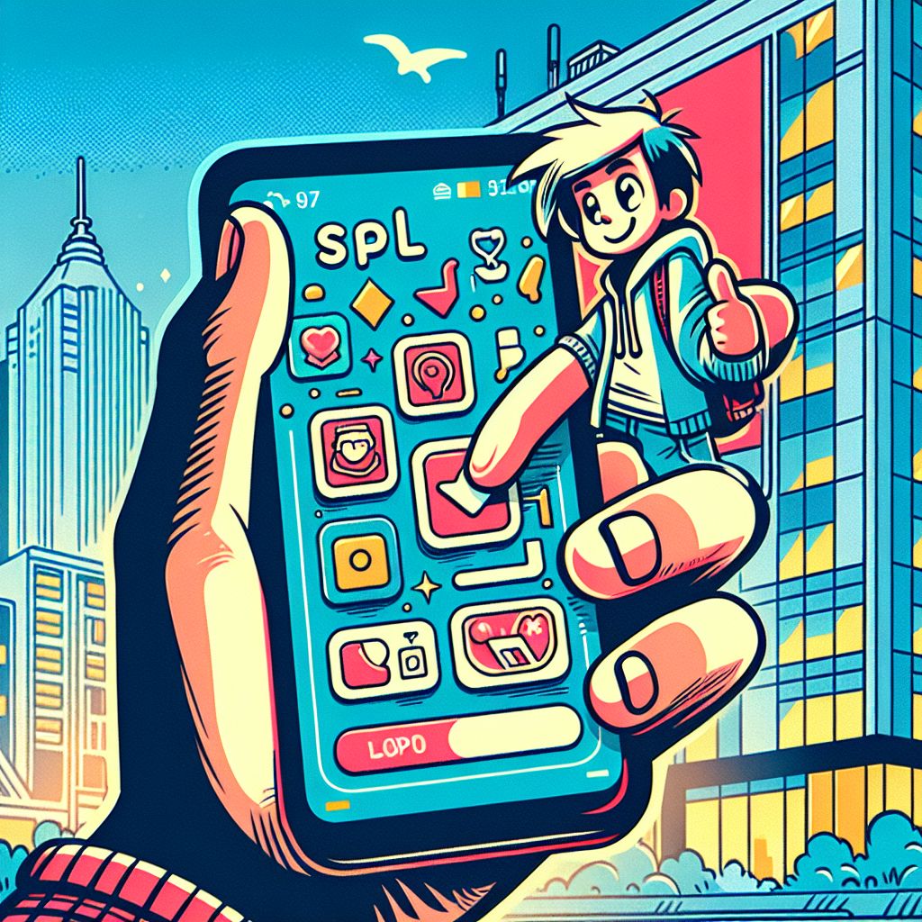 Cartoon character holding a smartphone with spl97 on screen, app icons and a Brazil-themed background